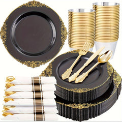 175PCS Black and Gold - Blue and Gold Plastic Plates - Disposable Black - Blue Party Plates & Pre Rolled Napkins with Cutlery for 25 Guests, 50Plates, 75Silverware, 25Cups, 25Napkin for Wedding & Party - SHOWLU FASHION STORE