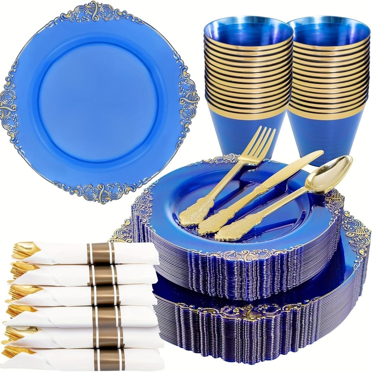 175PCS Black and Gold - Blue and Gold Plastic Plates - Disposable Black - Blue Party Plates & Pre Rolled Napkins with Cutlery for 25 Guests, 50Plates, 75Silverware, 25Cups, 25Napkin for Wedding & Party - SHOWLU FASHION STORE
