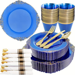 175PCS Black and Gold - Blue and Gold Plastic Plates - Disposable Black - Blue Party Plates & Pre Rolled Napkins with Cutlery for 25 Guests, 50Plates, 75Silverware, 25Cups, 25Napkin for Wedding & Party - SHOWLU FASHION STORE