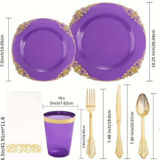 175PCS Purple/Blue/Clear Gold Plastic Plates for 25 Guests Include 25Dinner & 25Dessert Plates, 25Cups, 25Forks, 25Knives, 25Spoons, 25Napkins for Wedding&Party - SHOWLU FASHION STORE