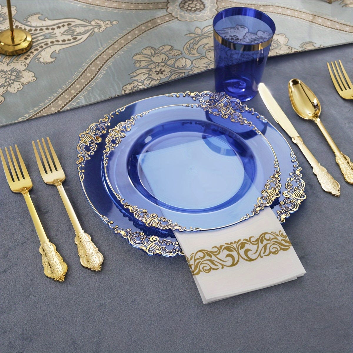 175PCS Purple/Blue/Clear Gold Plastic Plates for 25 Guests Include 25Dinner & 25Dessert Plates, 25Cups, 25Forks, 25Knives, 25Spoons, 25Napkins for Wedding&Party - SHOWLU FASHION STORE