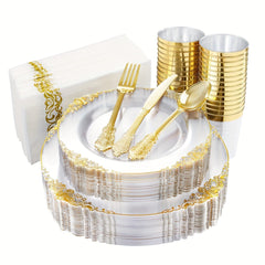 175PCS Purple/Blue/Clear Gold Plastic Plates for 25 Guests Include 25Dinner & 25Dessert Plates, 25Cups, 25Forks, 25Knives, 25Spoons, 25Napkins for Wedding&Party - SHOWLU FASHION STORE