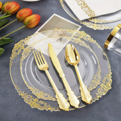 175PCS Purple/Blue/Clear Gold Plastic Plates for 25 Guests Include 25Dinner & 25Dessert Plates, 25Cups, 25Forks, 25Knives, 25Spoons, 25Napkins for Wedding&Party - SHOWLU FASHION STORE