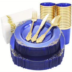 175PCS Purple/Blue/Clear Gold Plastic Plates for 25 Guests Include 25Dinner & 25Dessert Plates, 25Cups, 25Forks, 25Knives, 25Spoons, 25Napkins for Wedding&Party - SHOWLU FASHION STORE