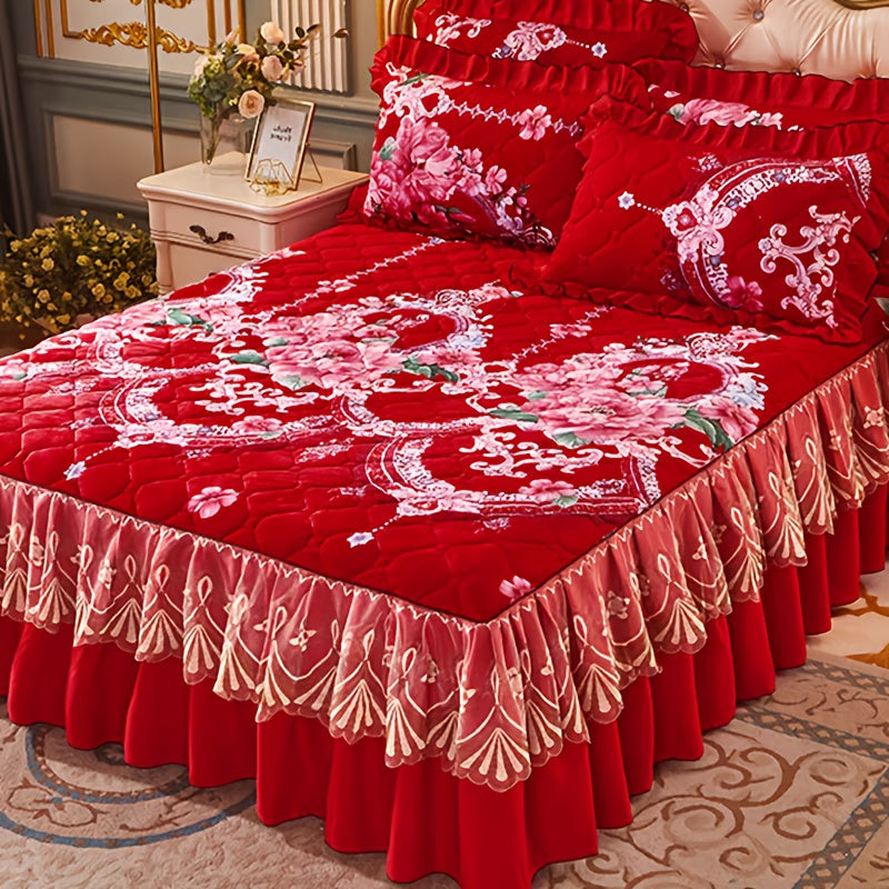 3pcs Luxurious Red Crystal Velvet Bed Skirt Set with Lace Accents, Contemporary Style, Quilted Polyester Cover, Durable & Wrinkle-Resistant, Machine Washable SHOWLU FASHION STORE