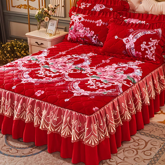 3pcs Luxurious Red Crystal Velvet Bed Skirt Set with Lace Accents, Contemporary Style, Quilted Polyester Cover, Durable & Wrinkle-Resistant, Machine Washable SHOWLU FASHION STORE