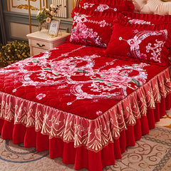 3pcs Luxurious Red Crystal Velvet Bed Skirt Set with Lace Accents, Contemporary Style, Quilted Polyester Cover, Durable & Wrinkle-Resistant, Machine Washable SHOWLU FASHION STORE