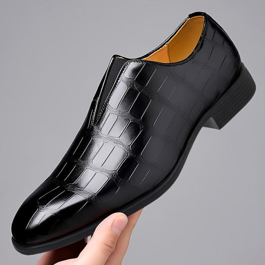 Men's Elegant Gradient Slip-On Loafers - Crocodile Texture, Low-Top Design with Rubber Sole for Comfort | Versatile Business & Casual Style | Brown, Square Toe, Glossy Finish, Side Zipper Detail, Business Casual Footwear | Gl