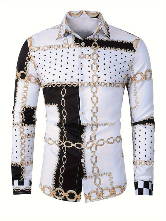 Men's Color Block Chains Graphic Print Shirt, Casual Lapel Button Up Long Sleeve Shirt For Spring Fall Outdoor Activities Party Gift SHOWLU FASHION STORE