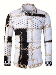 Men's Color Block Chains Graphic Print Shirt, Casual Lapel Button Up Long Sleeve Shirt For Spring Fall Outdoor Activities Party Gift SHOWLU FASHION STORE
