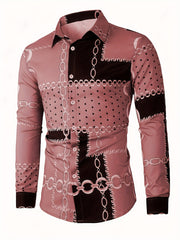 Men's Color Block Chains Graphic Print Shirt, Casual Lapel Button Up Long Sleeve Shirt For Spring Fall Outdoor Activities Party Gift SHOWLU FASHION STORE