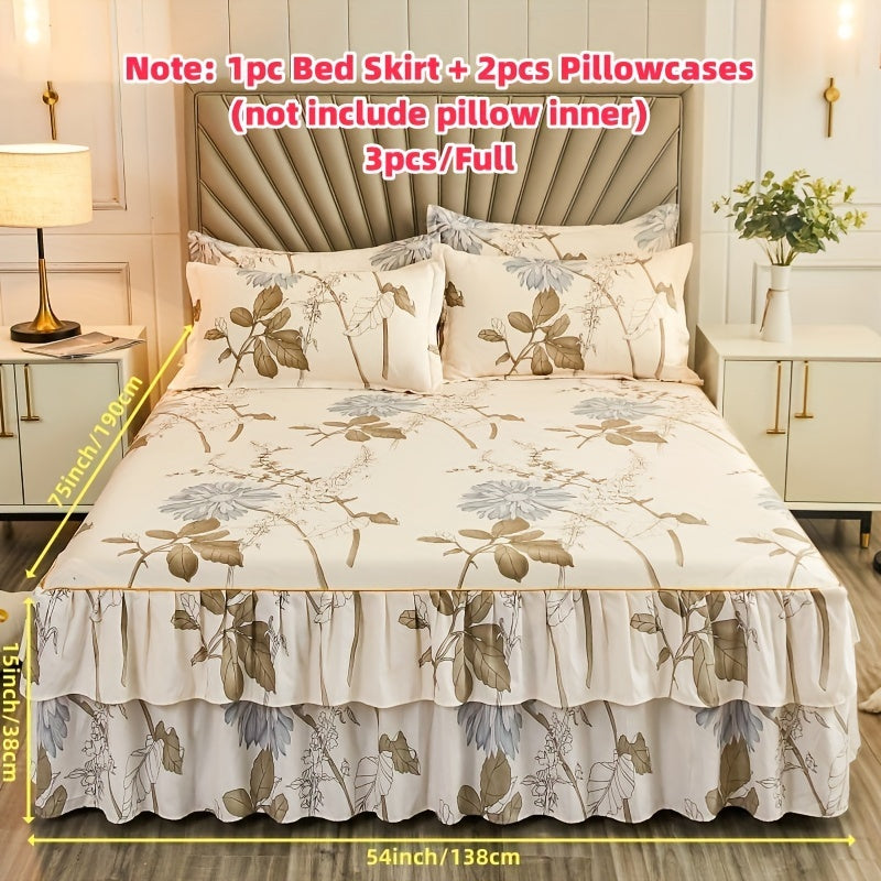 2/3pcs (Two/Three Piece Set) New Style Printed Ruffled Soft And Comfortable Breathable Bed Skirt (Includes One Bed Skirt And One/Two Pillowcases, Pillow Core Not Included) Bed Skirt, Bed Cover, Bed Set, Mattress Protector, Ma SHOWLU FASHION STORE