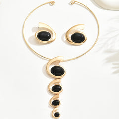 3pcs Chic & Sexy Jewelry Set with Black Acrylic Geometric Spiral/Snail Design - Golden-Tone Zinc Alloy Necklace and Earrings for Daily Wear & Parties SHOWLU FASHION STORE