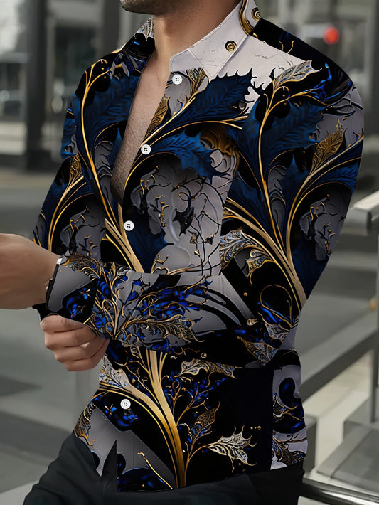 Men's Retro Floral Patterns Print Long Sleeve Shirt For Spring And Fall, Casual Comfy Shirt As Gift SHOWLU FASHION STORE