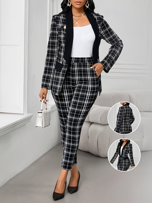 Elegant Geometric Print Plaid Blazer & Pants Set - Black & White Checkered, Long Sleeve, Button-Up, Casual Western Style, Elastic Waist, Pockets, Polyester Blend, Fall & Spring Attire for Women, Casual Attire|Modern Casualwea