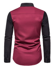 [Glossy Fabric] Stylish Men's Color Block Henley Shirt with Unique Slant Button Detail - Casual Stand Collar, Long Sleeve, Polyester Blend, Machine Washable - Perfect for All Seasons SHOWLU FASHION STORE