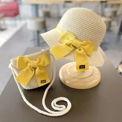 Showlu Fashion Store 0 2-8 Years Kids Sun Hat Girls Summer New Straw Bag Cap Set Baby Travel Sun Protection Beach Hats Sun Fisherman Hat for Child