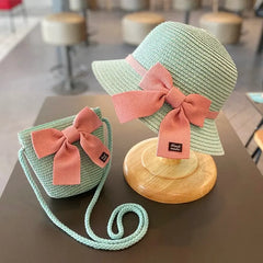 Showlu Fashion Store 0 2-8 Years Kids Sun Hat Girls Summer New Straw Bag Cap Set Baby Travel Sun Protection Beach Hats Sun Fisherman Hat for Child