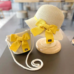 Showlu Fashion Store 0 2-8 Years Kids Sun Hat Girls Summer New Straw Bag Cap Set Baby Travel Sun Protection Beach Hats Sun Fisherman Hat for Child