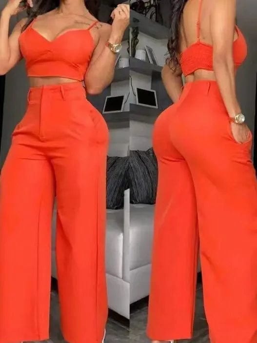 2 Piece Sets Womens Outifits 2024 Casual V - Neck Cami Crop Tops & White Fashion Hollow Out Wide Leg High Waist Pants Suits Female - SHOWLU FASHION STORE