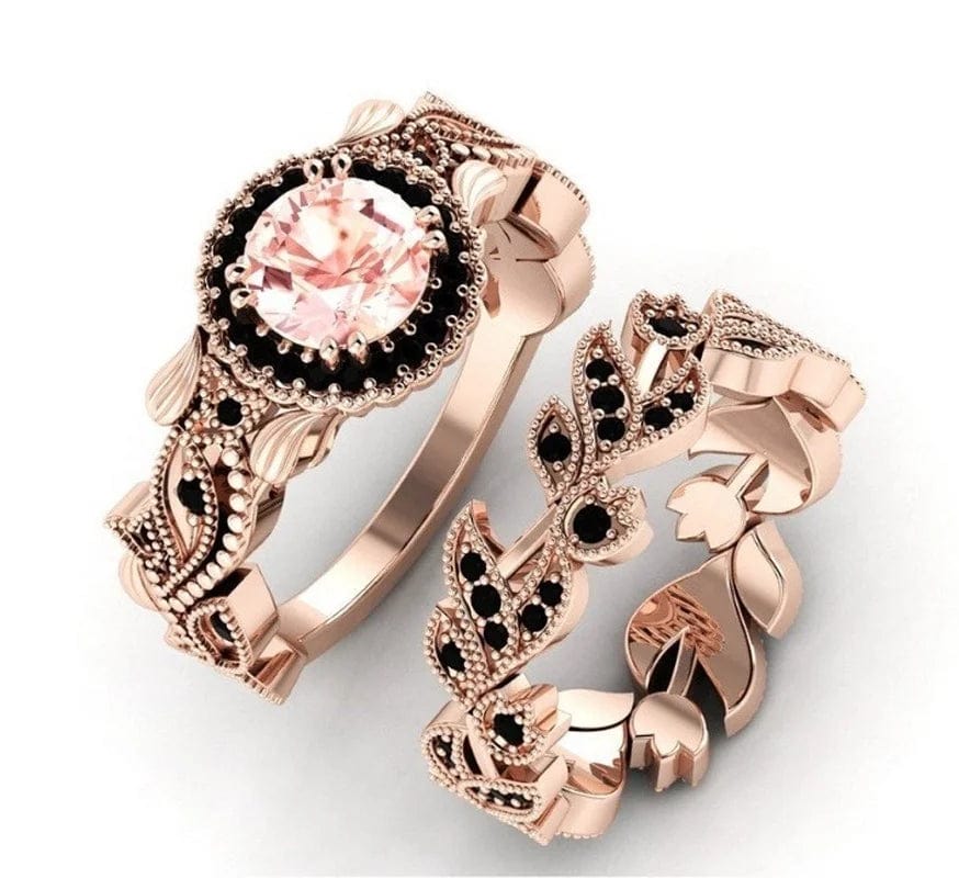 2 Pieces/set Exquisite Rose Gold Color Black Zircon Ring Vintage Flower Vine Inlaid with Champagne Stones Wedding Ring Set - SHOWLU FASHION STORE