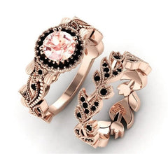 2 Pieces/set Exquisite Rose Gold Color Black Zircon Ring Vintage Flower Vine Inlaid with Champagne Stones Wedding Ring Set - SHOWLU FASHION STORE