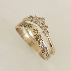 2 Pieces/set Exquisite Rose Gold Color Black Zircon Ring Vintage Flower Vine Inlaid with Champagne Stones Wedding Ring Set - SHOWLU FASHION STORE