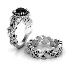 2 Pieces/set Exquisite Rose Gold Color Black Zircon Ring Vintage Flower Vine Inlaid with Champagne Stones Wedding Ring Set - SHOWLU FASHION STORE