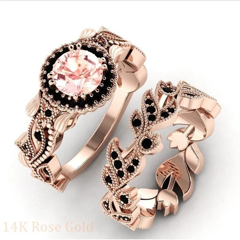 2 Pieces/set Exquisite Rose Gold Color Black Zircon Ring Vintage Flower Vine Inlaid with Champagne Stones Wedding Ring Set - SHOWLU FASHION STORE