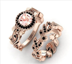 2 Pieces/set Exquisite Rose Gold Color Black Zircon Ring Vintage Flower Vine Inlaid with Champagne Stones Wedding Ring Set - SHOWLU FASHION STORE