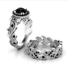 2 Pieces/set Exquisite Rose Gold Color Black Zircon Ring Vintage Flower Vine Inlaid with Champagne Stones Wedding Ring Set - SHOWLU FASHION STORE