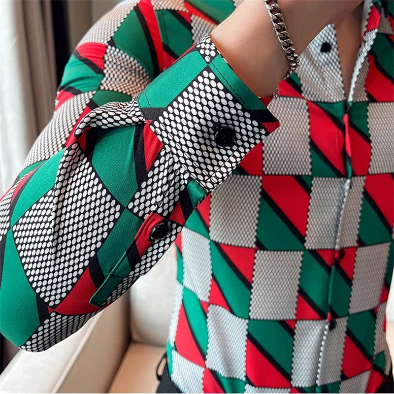 2021 Mens Plaid Printed Long Sleeve Shirt New Fashion Slim Social Formal Dress Shirts High Quality Men Club Party Dress Clothing - SHOWLU FASHION STORE