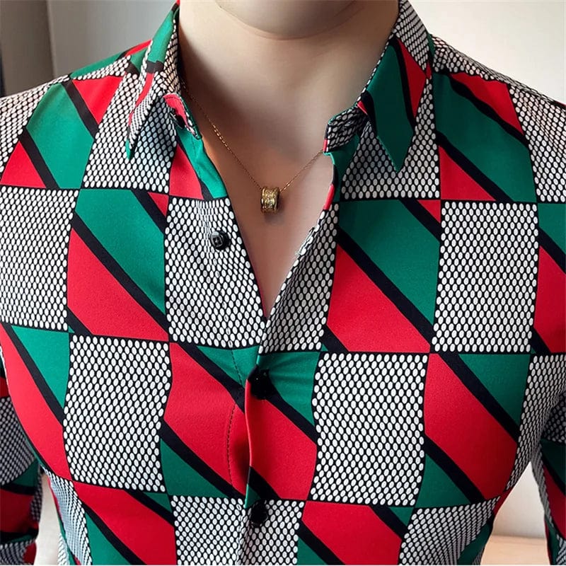 2021 Mens Plaid Printed Long Sleeve Shirt New Fashion Slim Social Formal Dress Shirts High Quality Men Club Party Dress Clothing - SHOWLU FASHION STORE