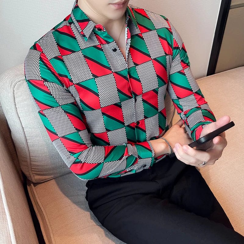 2021 Mens Plaid Printed Long Sleeve Shirt New Fashion Slim Social Formal Dress Shirts High Quality Men Club Party Dress Clothing - SHOWLU FASHION STORE