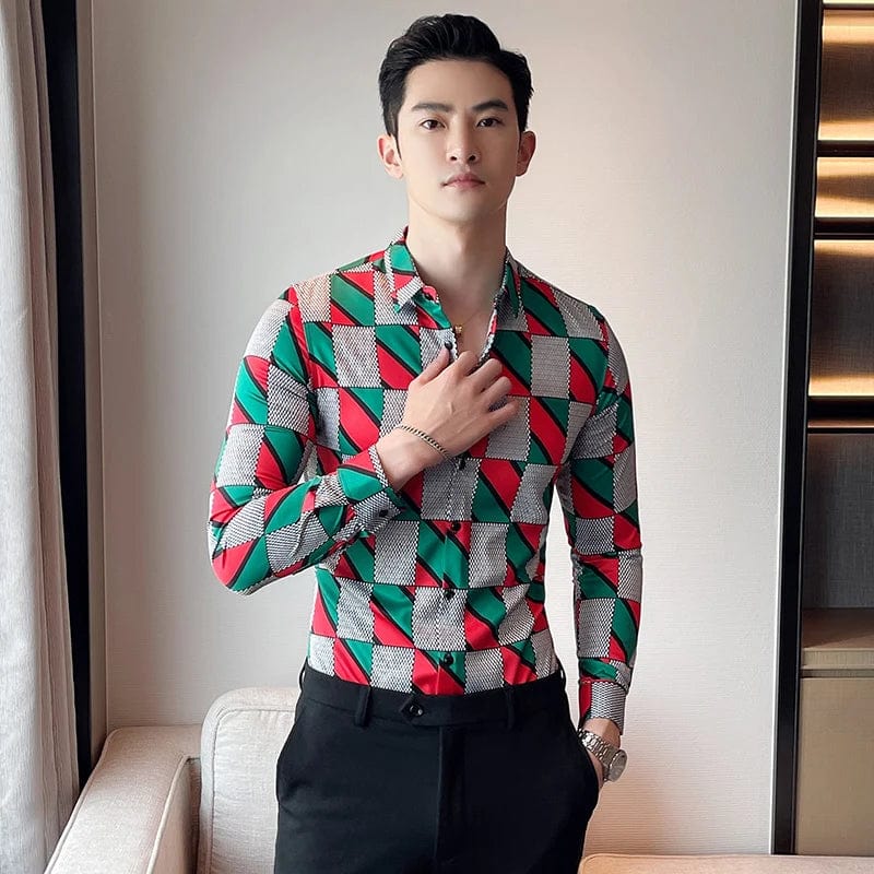 2021 Mens Plaid Printed Long Sleeve Shirt New Fashion Slim Social Formal Dress Shirts High Quality Men Club Party Dress Clothing - SHOWLU FASHION STORE