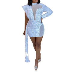 2022 Women Sequin Mini White Dress Party See Through High Neck Sexy Long Sleeve Bodycon Tail Short Evening Elegant Dresses - SHOWLU FASHION STORE