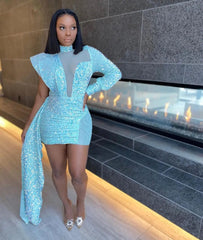 2022 Women Sequin Mini White Dress Party See Through High Neck Sexy Long Sleeve Bodycon Tail Short Evening Elegant Dresses - SHOWLU FASHION STORE