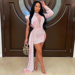 2022 Women Sequin Mini White Dress Party See Through High Neck Sexy Long Sleeve Bodycon Tail Short Evening Elegant Dresses - SHOWLU FASHION STORE