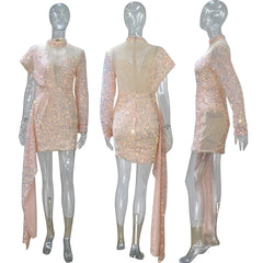 2022 Women Sequin Mini White Dress Party See Through High Neck Sexy Long Sleeve Bodycon Tail Short Evening Elegant Dresses - SHOWLU FASHION STORE