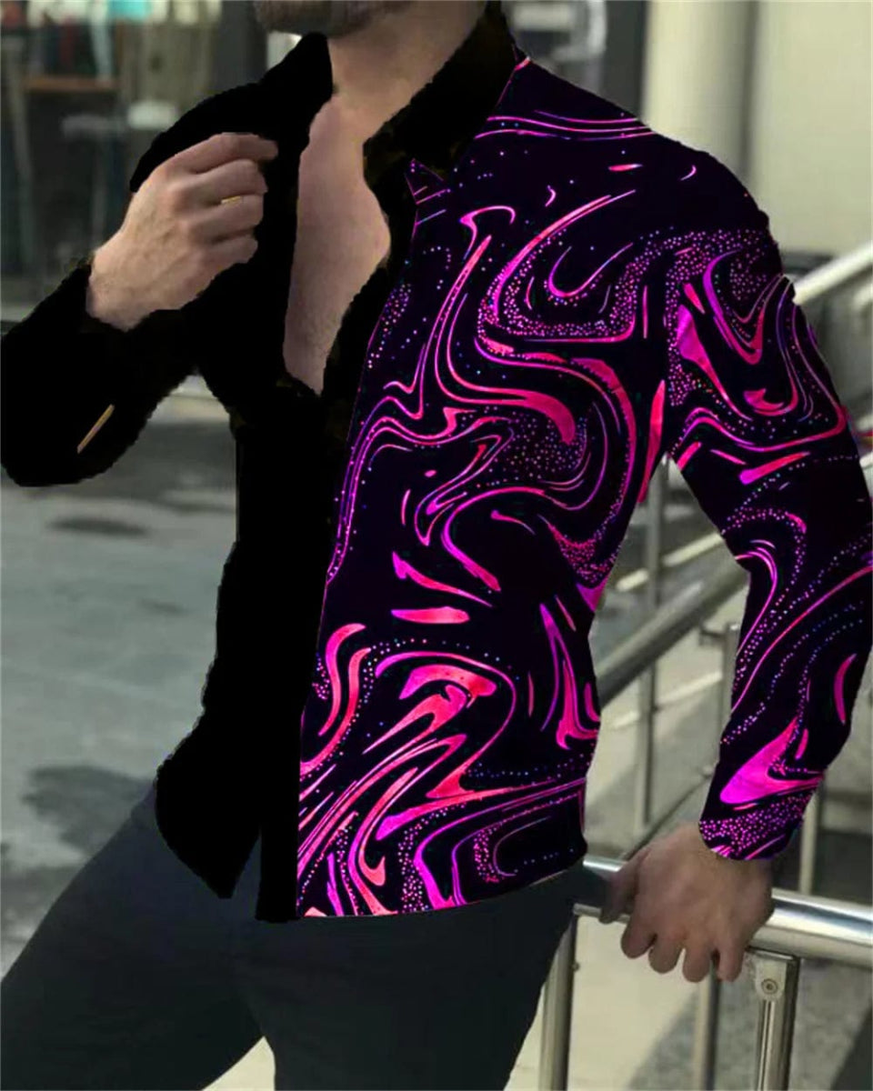 2023 latest men's prom fashion luxury social men's lapel single breasted cardigan shirt casual printing long - sleeved shirt - SHOWLU FASHION STORE