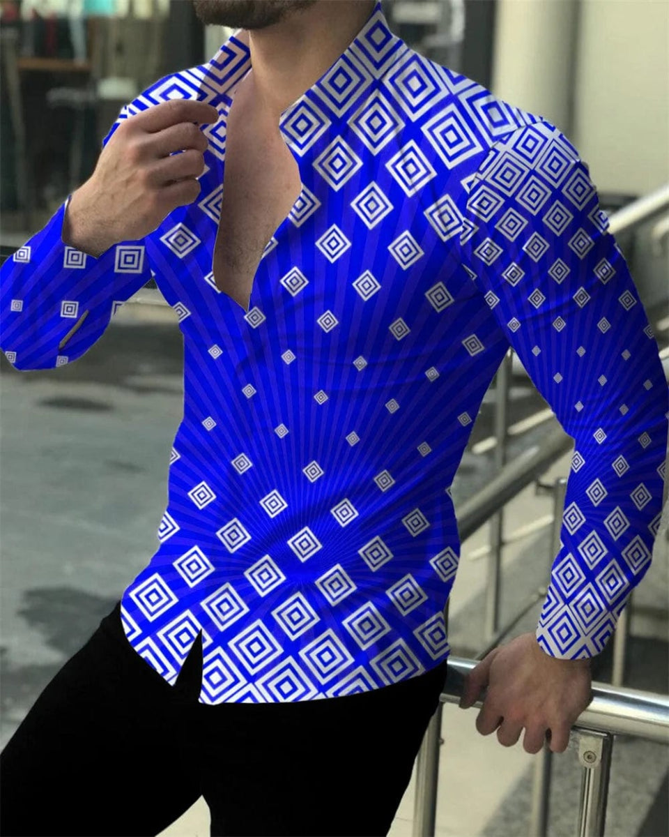 2023 latest men's prom fashion luxury social men's lapel single breasted cardigan shirt casual printing long - sleeved shirt - SHOWLU FASHION STORE