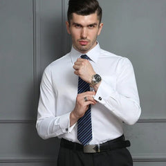 2023 Men French Cuff Dress Shirt Cufflinks New White Long Sleeve Casual Buttons Male Brand Shirts Regular Fit Clothes - SHOWLU FASHION STORE