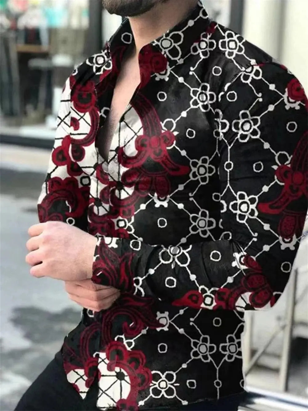 Showlu Fashion Store 0 8 / S 2023 men's party top luxury social men's lapel button shirt 3D printing long-sleeved shirt casual street designer clothing