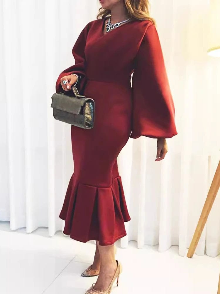 2024 Autumn/Winter New AOMEI Fashion Large V - neck Bubble Long Sleeve Sexy Fishtail Dress Party Club Birthday Evening Dresses - SHOWLU FASHION STORE