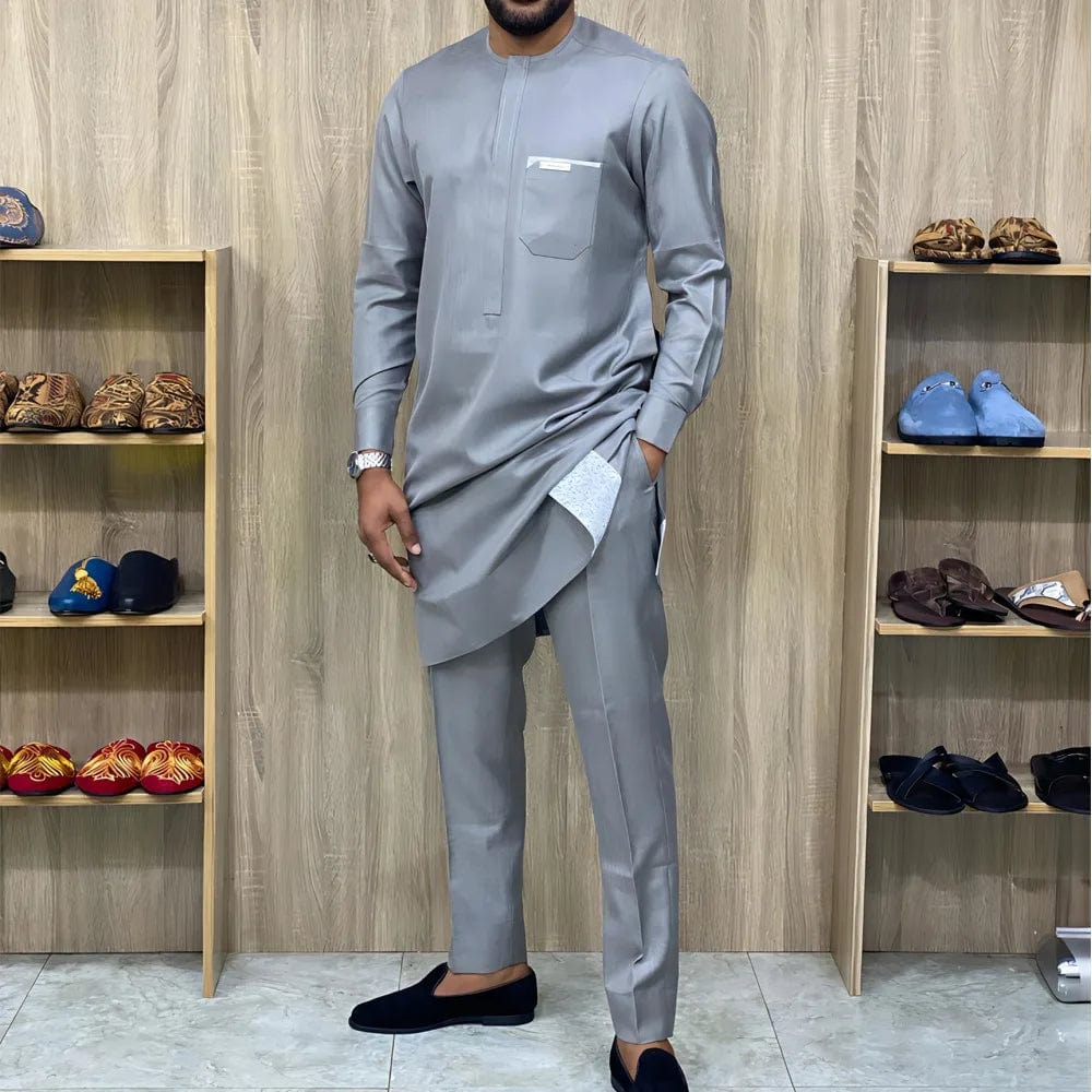 2024 New Kaftan Elegant African Men's Set 2 Pieces Outfits Solid Color Shirt and Casual Pants Set Wedding Festive Men's Suits - SHOWLU FASHION STORE