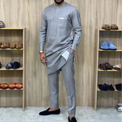 2024 New Kaftan Elegant African Men's Set 2 Pieces Outfits Solid Color Shirt and Casual Pants Set Wedding Festive Men's Suits - SHOWLU FASHION STORE