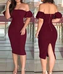 2024 Women's Dress Sexy Wrapped Hip Skirt Wine Red One Shoulder Bubble Sleeve Zipper Back Split Tight Dress - SHOWLU FASHION STORE