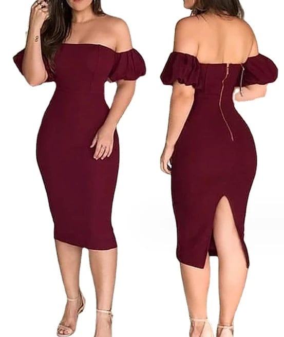 2024 Women's Dress Sexy Wrapped Hip Skirt Wine Red One Shoulder Bubble Sleeve Zipper Back Split Tight Dress - SHOWLU FASHION STORE