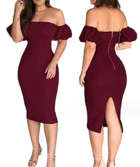 2024 Women's Dress Sexy Wrapped Hip Skirt Wine Red One Shoulder Bubble Sleeve Zipper Back Split Tight Dress - SHOWLU FASHION STORE