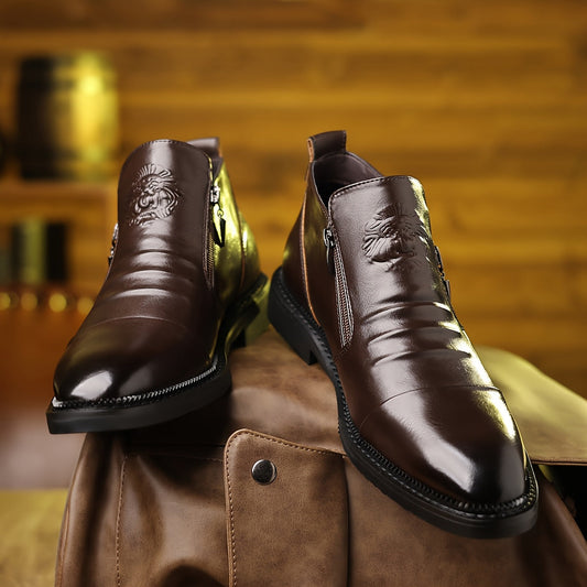 Men's Elegant Black Ankle Boots with Embossed Lion Design - Glossy Finish, Side Zipper & Buckle Straps, Durable PU Material - Perfect for Casual, Hiking & Outdoor Wear in All Seasons